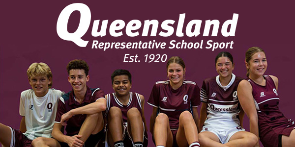 Photo of a group of young athletes in sport uniforms sitting down smiling with text above reads 'Queensland Representative School Sport Est. 1920'.